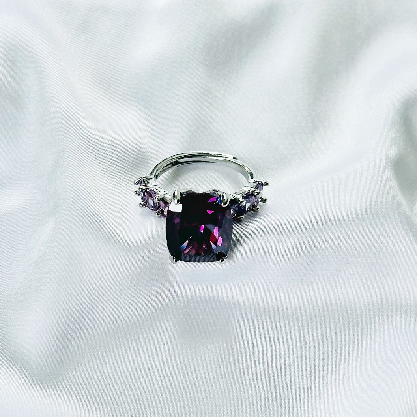 Purple Amethyst Cubic Zirconia Ice Cut American Diamond Silver Plated Adjustable Ring