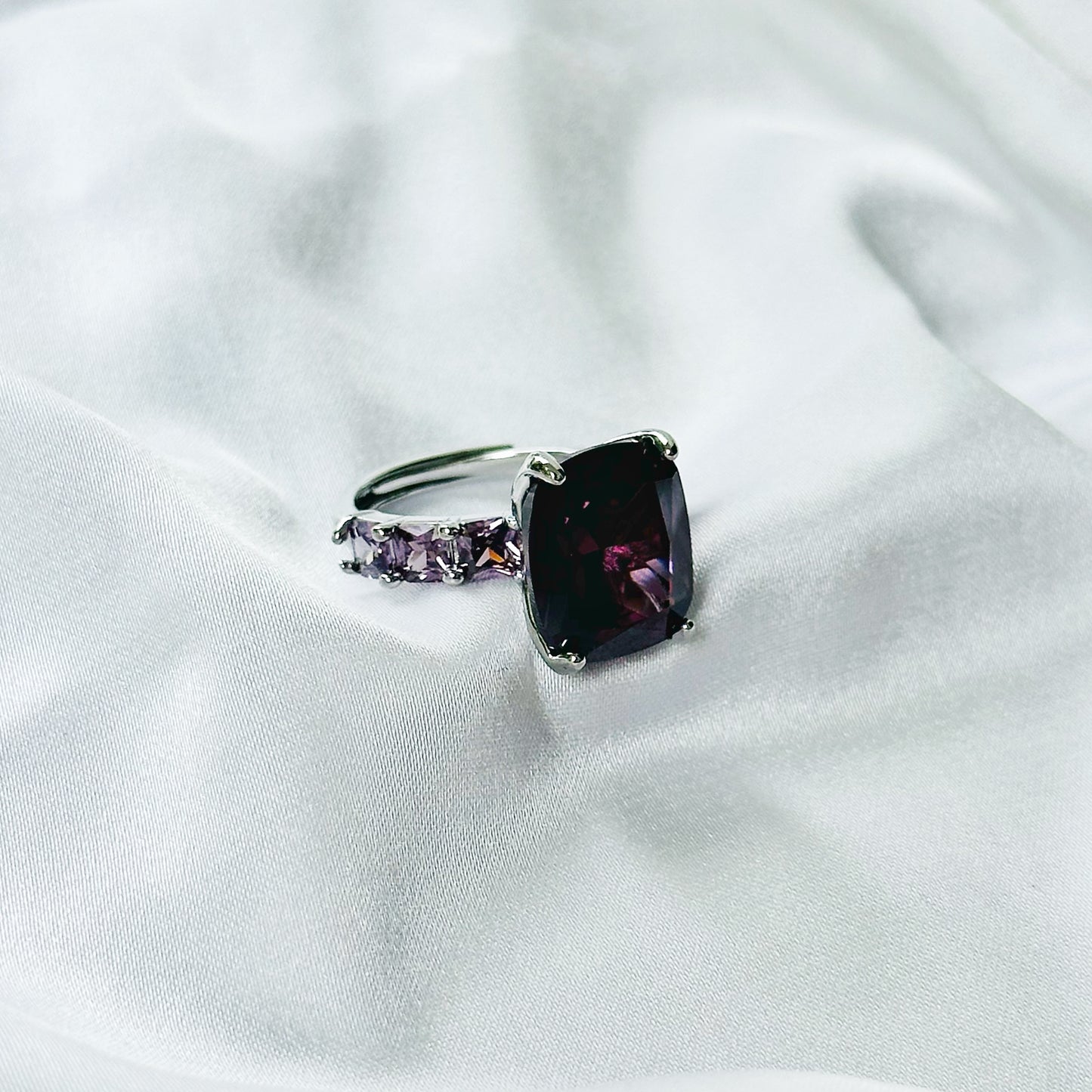 Purple Amethyst Cubic Zirconia Ice Cut American Diamond Silver Plated Adjustable Ring