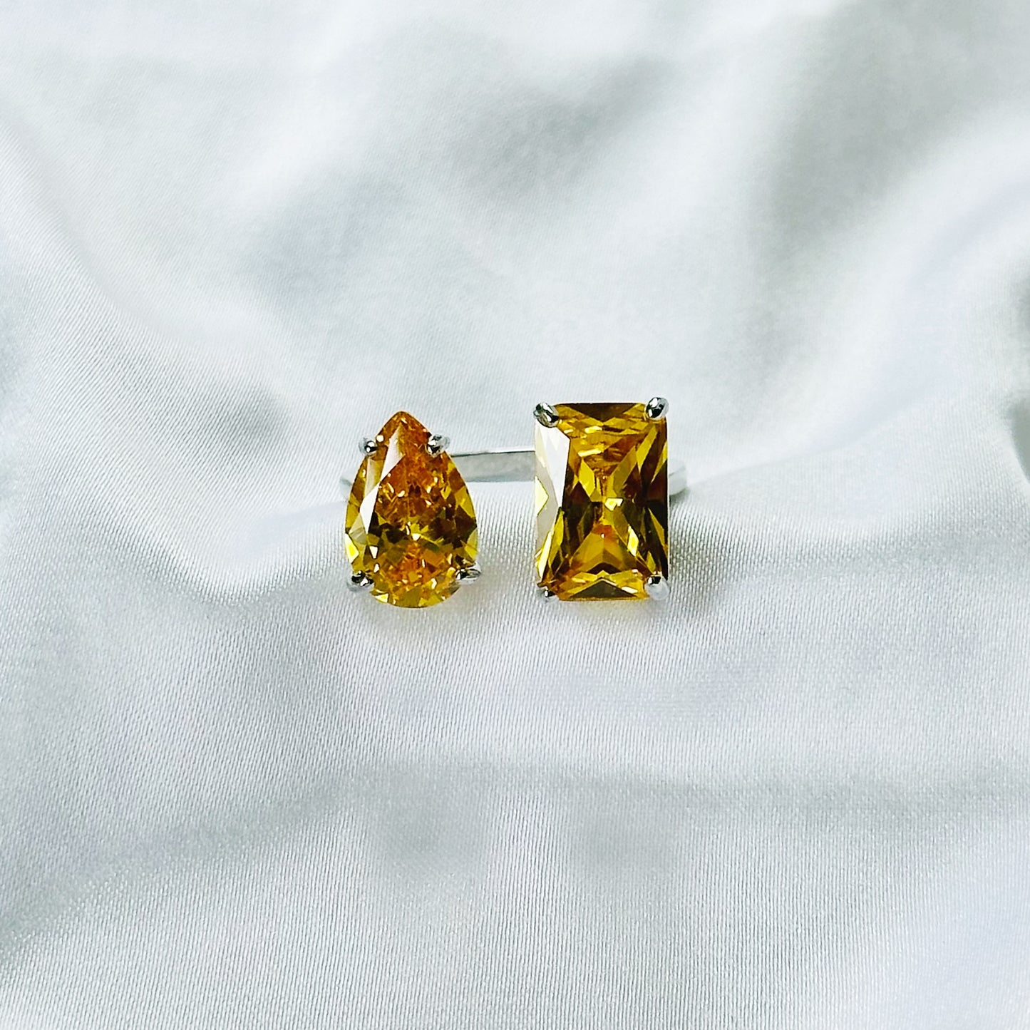 Yellow Topaz Cubic Zirconia Ice Cut American Diamond Silver Plated Adjustable Ring