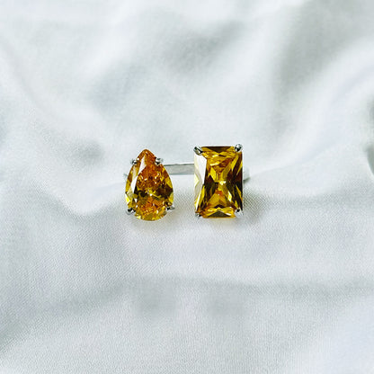 Yellow Topaz Cubic Zirconia Ice Cut American Diamond Silver Plated Adjustable Ring