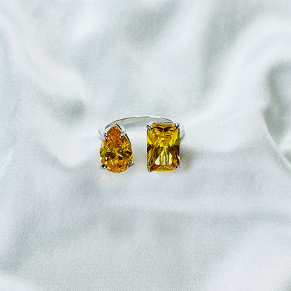 Yellow Topaz Cubic Zirconia Ice Cut American Diamond Silver Plated Adjustable Ring