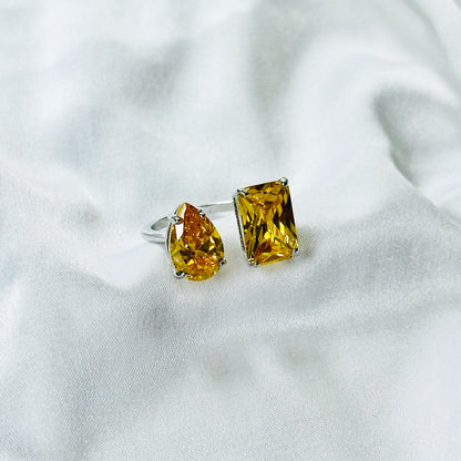 Yellow Topaz Cubic Zirconia Ice Cut American Diamond Silver Plated Adjustable Ring
