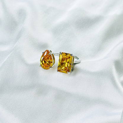 Yellow Topaz Cubic Zirconia Ice Cut American Diamond Silver Plated Adjustable Ring