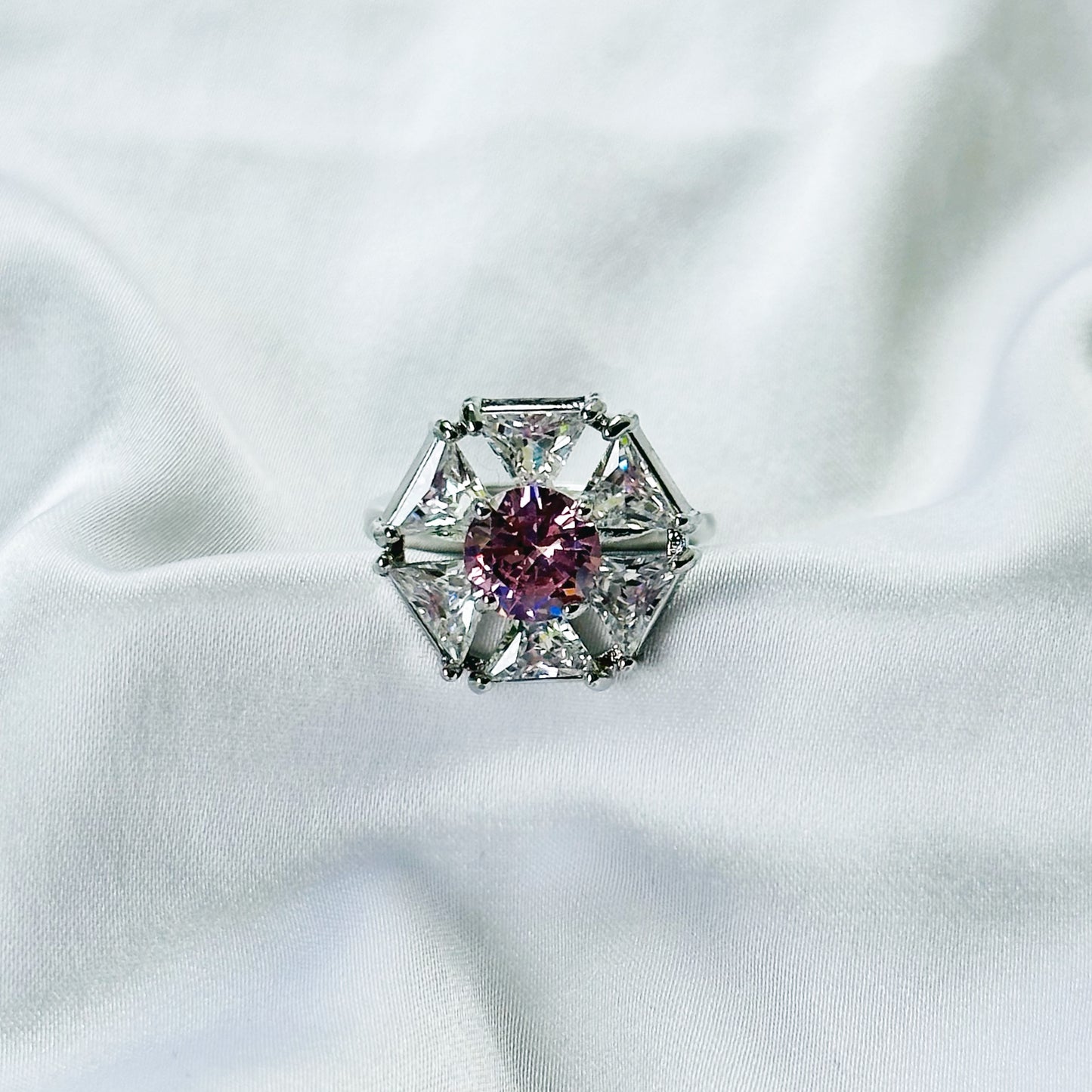 Pink Cubic Zirconia Topaz Ice Cut American Diamond Silver Plated Adjustable Ring