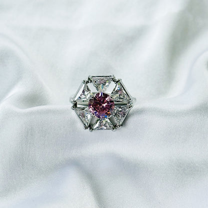 Pink Cubic Zirconia Topaz Ice Cut American Diamond Silver Plated Adjustable Ring