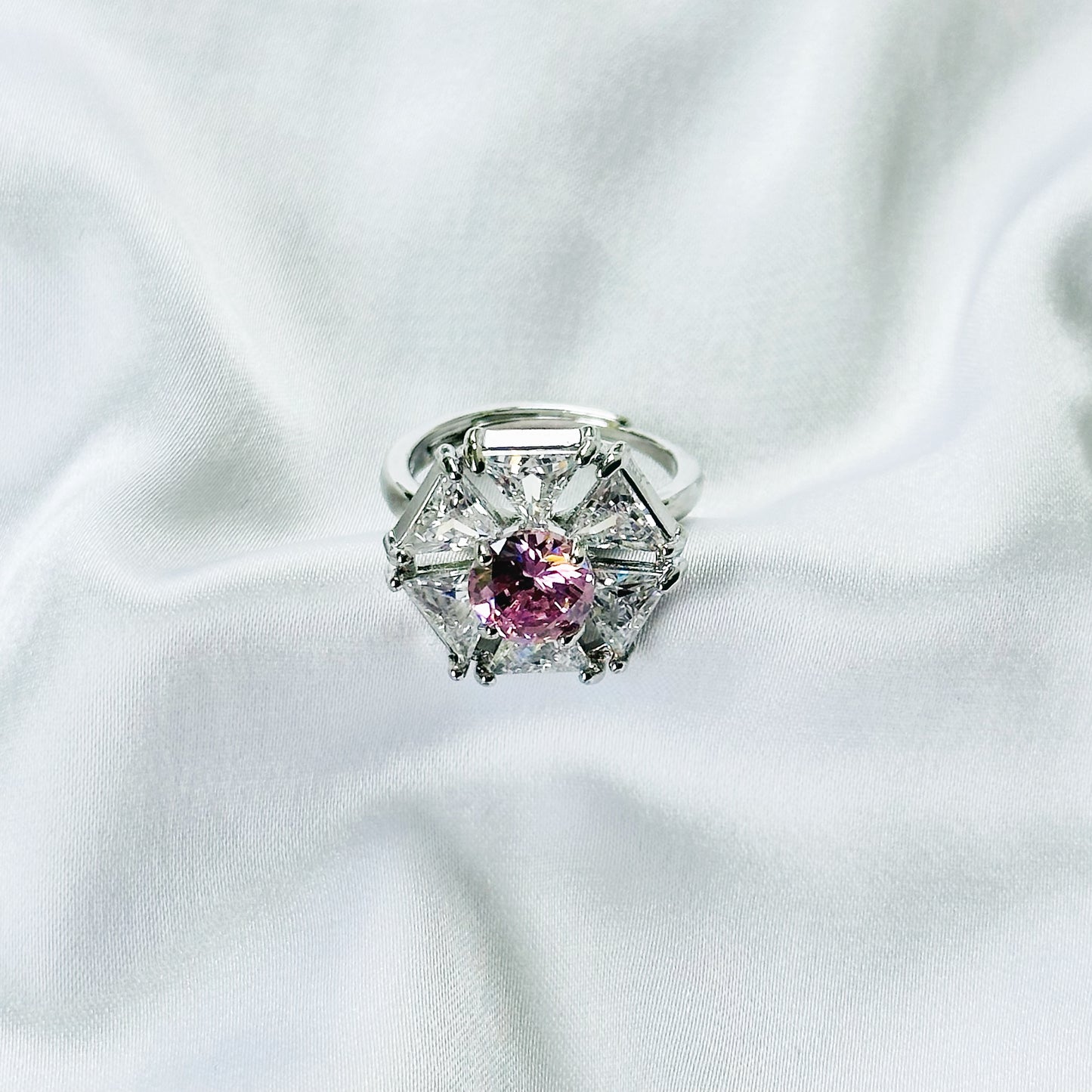 Pink Cubic Zirconia Topaz Ice Cut American Diamond Silver Plated Adjustable Ring