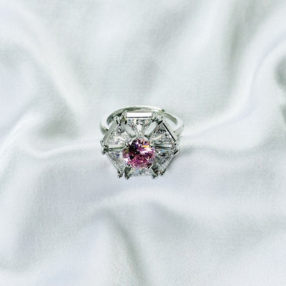 Pink Cubic Zirconia Topaz Ice Cut American Diamond Silver Plated Adjustable Ring