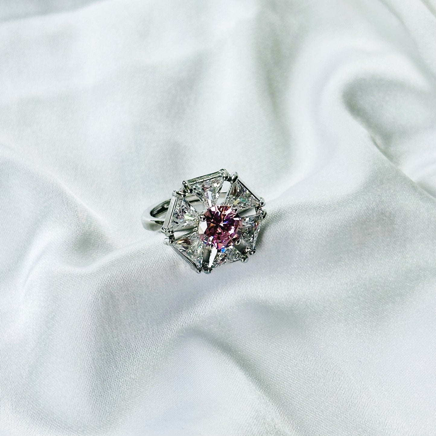 Pink Cubic Zirconia Topaz Ice Cut American Diamond Silver Plated Adjustable Ring
