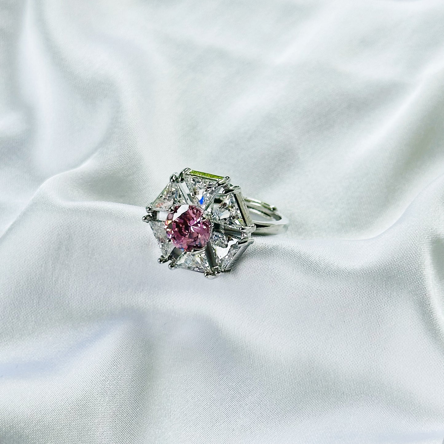 Pink Cubic Zirconia Topaz Ice Cut American Diamond Silver Plated Adjustable Ring
