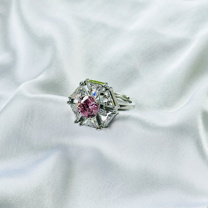 Pink Cubic Zirconia Topaz Ice Cut American Diamond Silver Plated Adjustable Ring