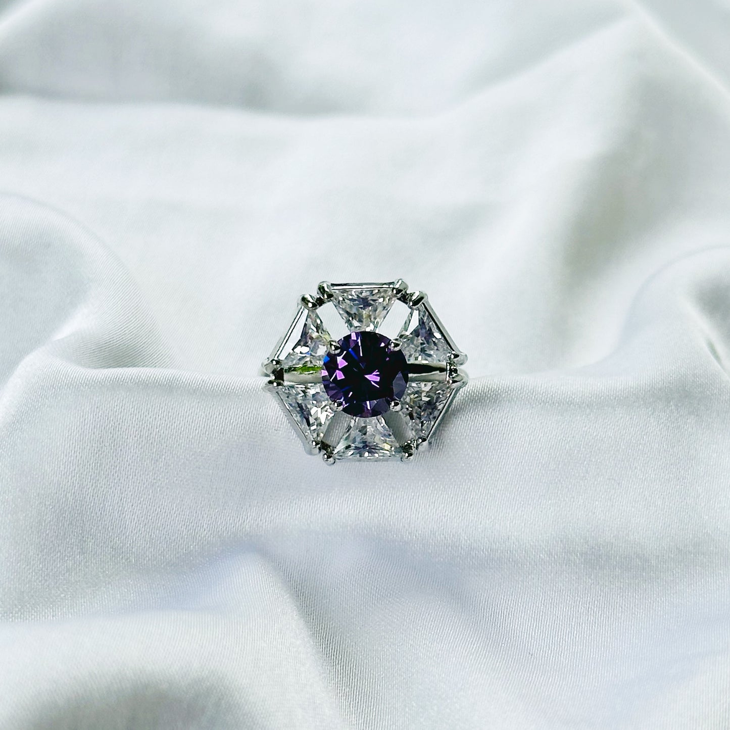 Purple Amethyst Cubic Zirconia Ice Cut American Diamond Silver Plated Adjustable Ring