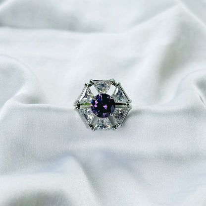 Purple Amethyst Cubic Zirconia Ice Cut American Diamond Silver Plated Adjustable Ring