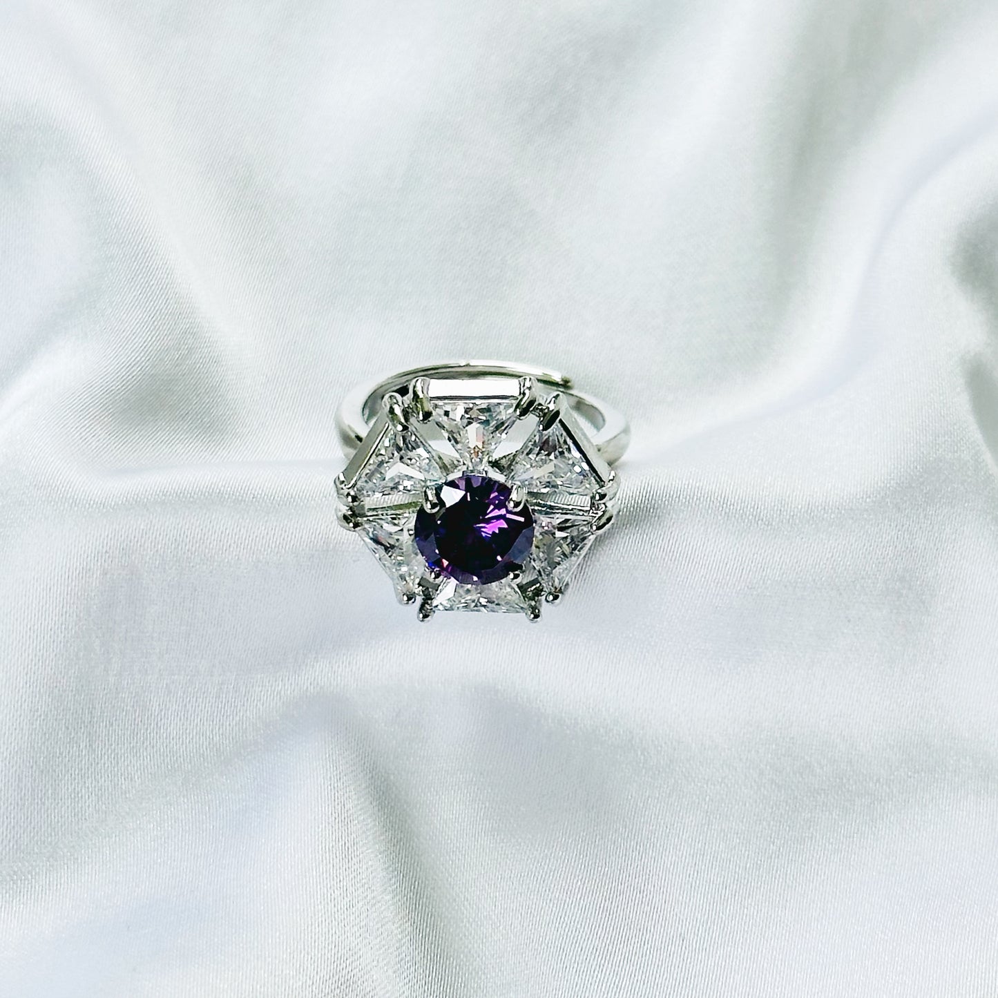 Purple Amethyst Cubic Zirconia Ice Cut American Diamond Silver Plated Adjustable Ring