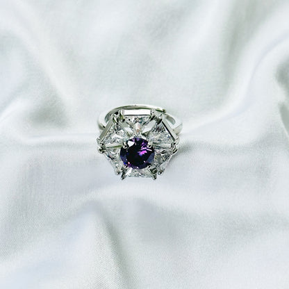 Purple Amethyst Cubic Zirconia Ice Cut American Diamond Silver Plated Adjustable Ring