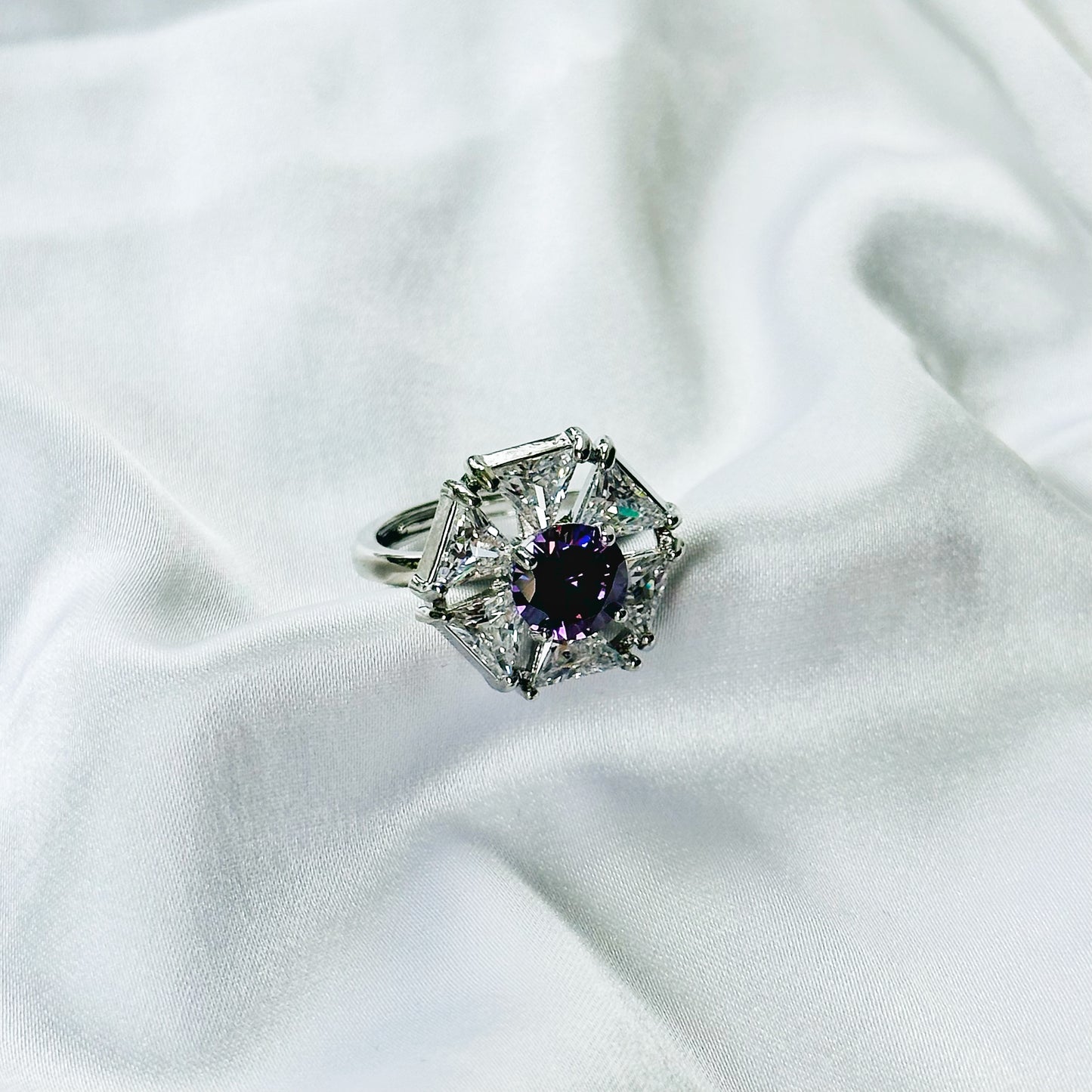 Purple Amethyst Cubic Zirconia Ice Cut American Diamond Silver Plated Adjustable Ring