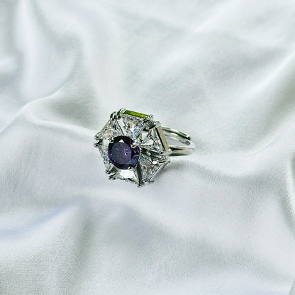 Purple Amethyst Cubic Zirconia Ice Cut American Diamond Silver Plated Adjustable Ring