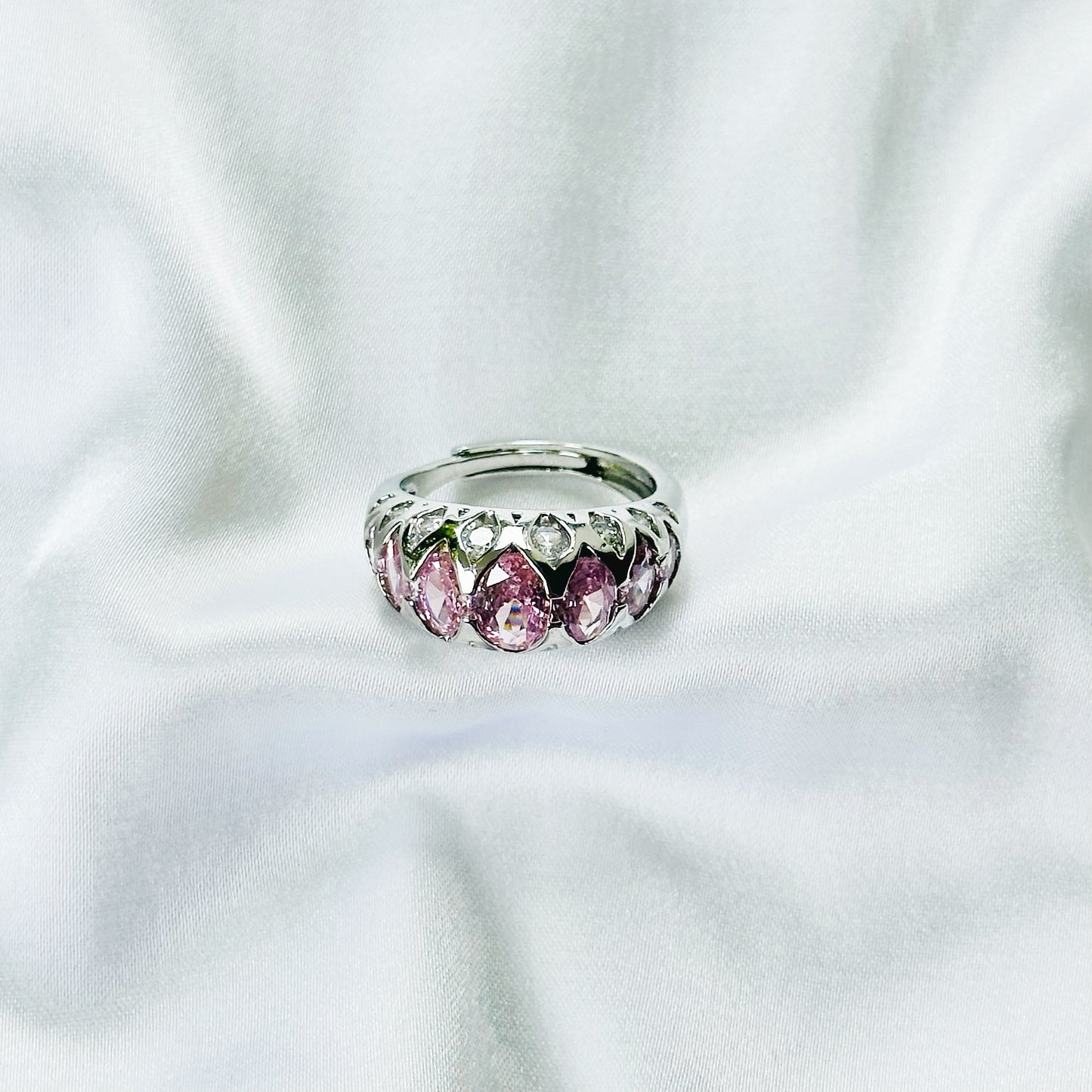 Pink Cubic Zirconia Topaz Ice Cut American Diamond Silver Plated Adjustable Ring