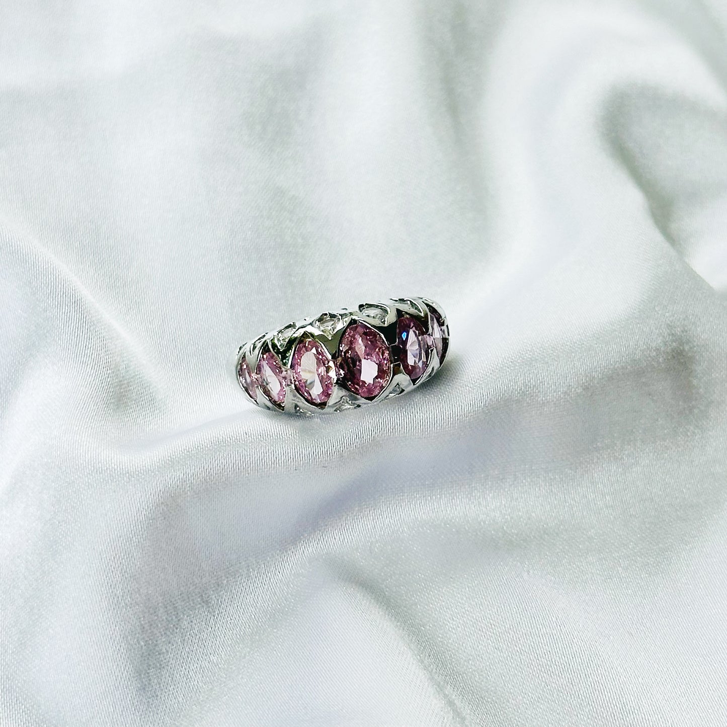 Pink Cubic Zirconia Topaz Ice Cut American Diamond Silver Plated Adjustable Ring