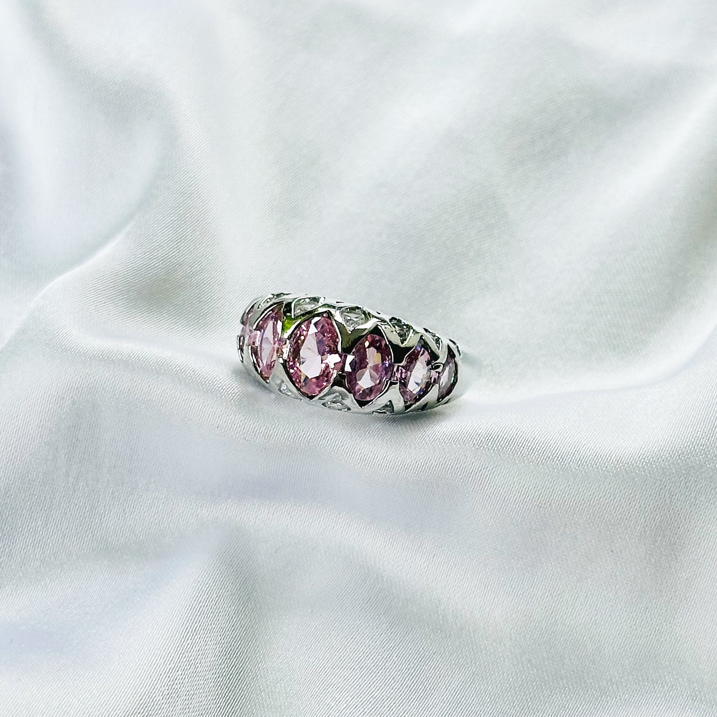 Pink Cubic Zirconia Topaz Ice Cut American Diamond Silver Plated Adjustable Ring