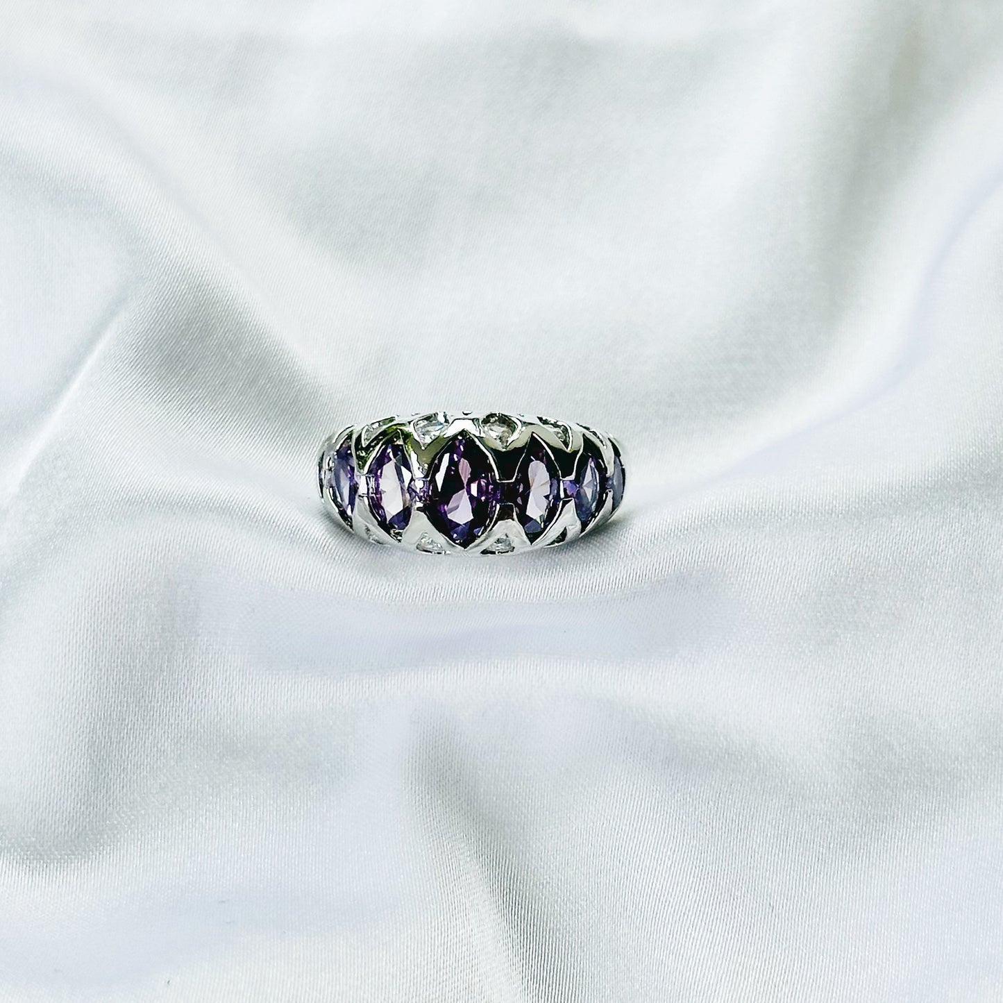 Purple Amethyst Cubic Zirconia Ice Cut American Diamond Silver Plated Adjustable Ring