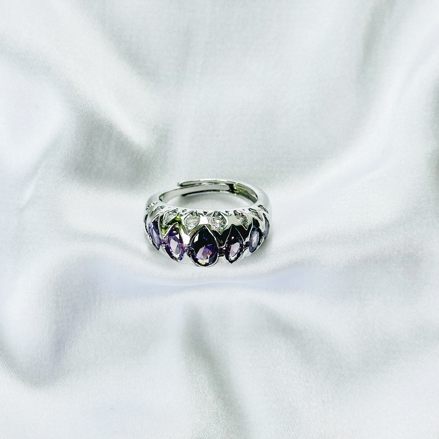Purple Amethyst Cubic Zirconia Ice Cut American Diamond Silver Plated Adjustable Ring