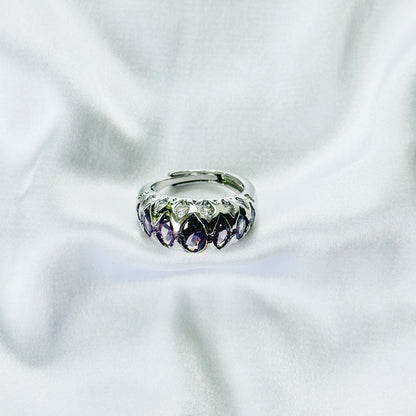 Purple Amethyst Cubic Zirconia Ice Cut American Diamond Silver Plated Adjustable Ring