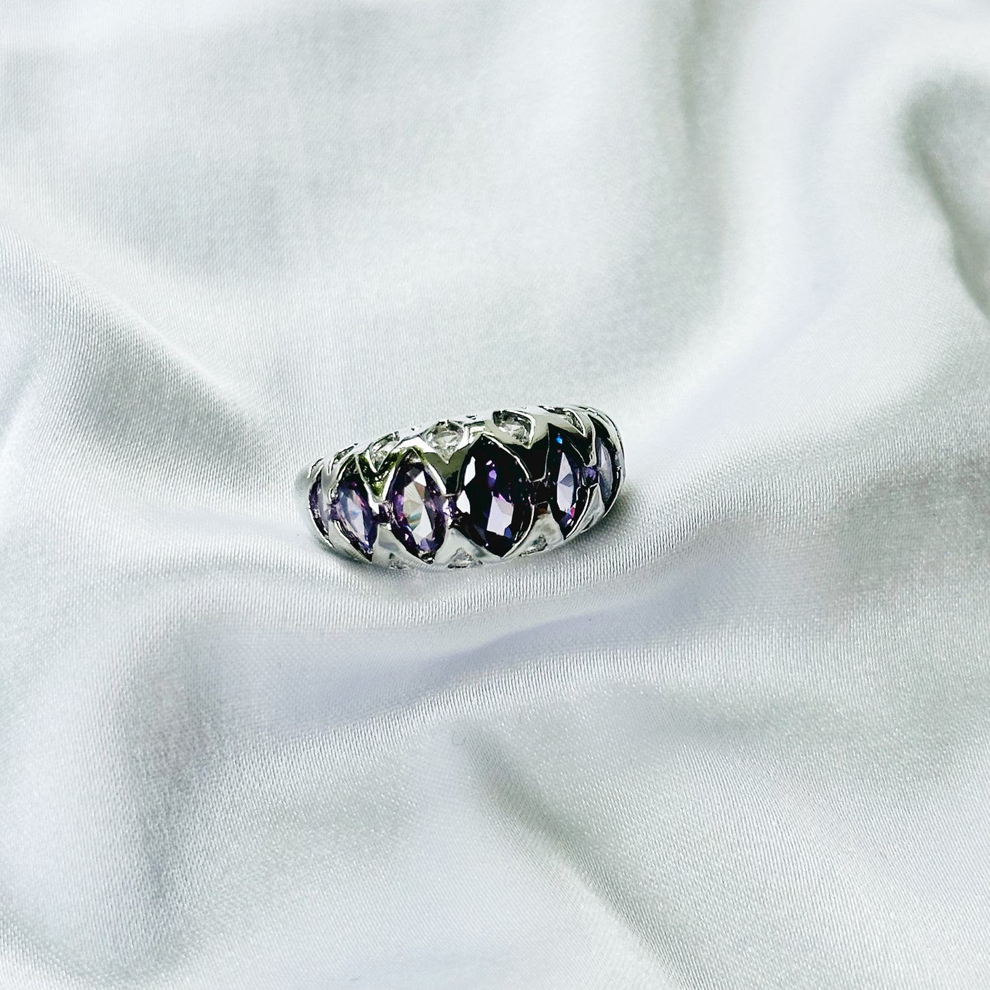 Purple Amethyst Cubic Zirconia Ice Cut American Diamond Silver Plated Adjustable Ring