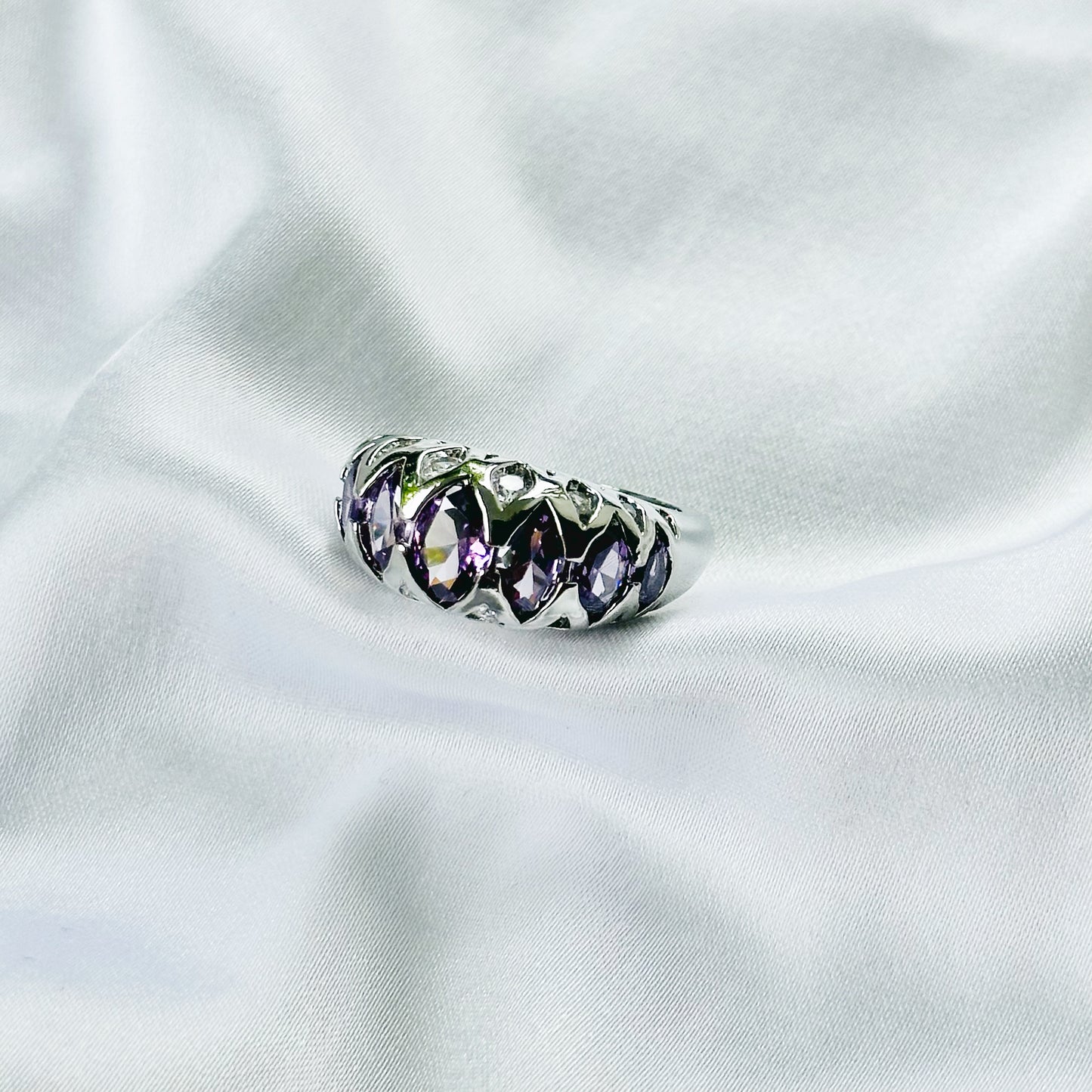 Purple Amethyst Cubic Zirconia Ice Cut American Diamond Silver Plated Adjustable Ring