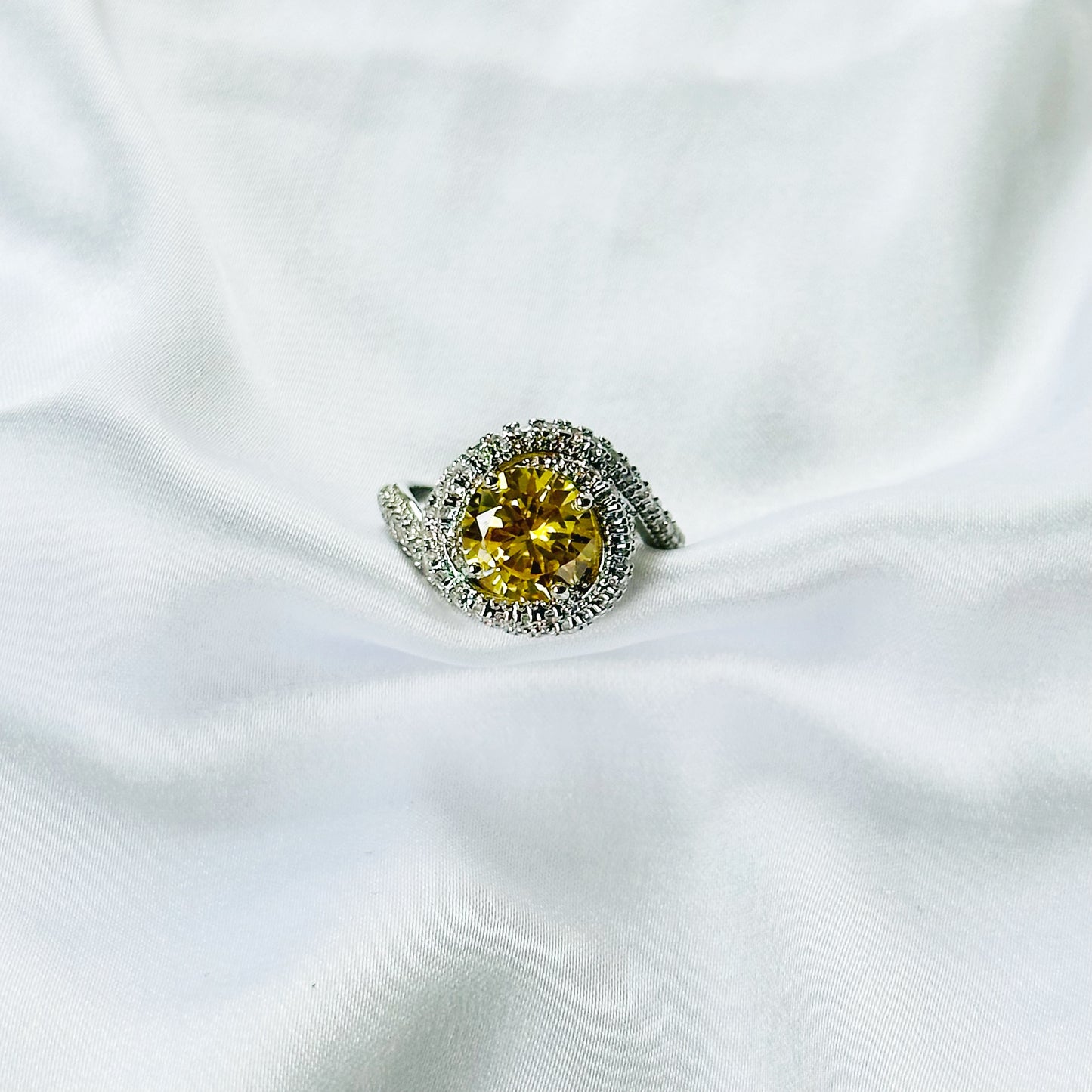 Yellow Topaz Cubic Zirconia Ice Cut American Diamond Silver Plated Adjustable Ring