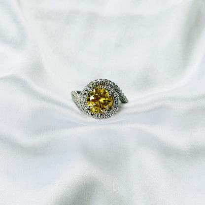 Yellow Topaz Cubic Zirconia Ice Cut American Diamond Silver Plated Adjustable Ring