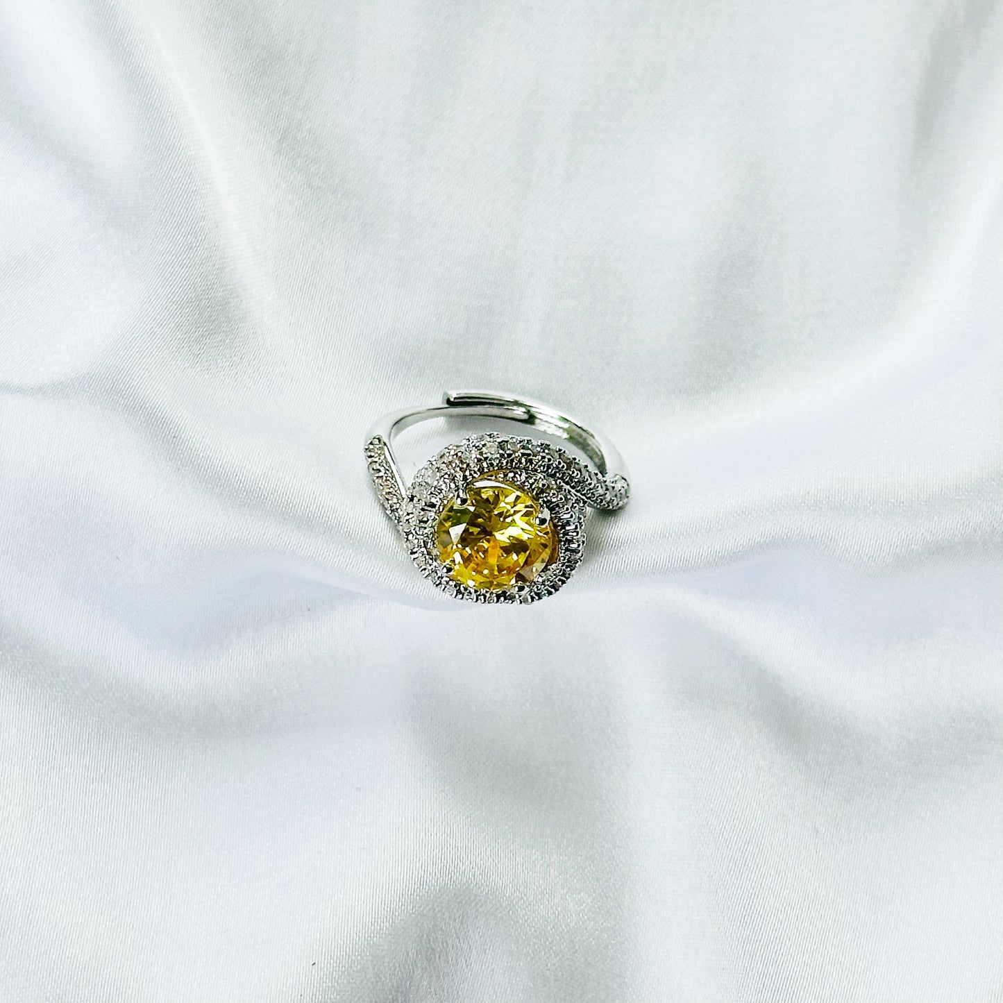 Yellow Topaz Cubic Zirconia Ice Cut American Diamond Silver Plated Adjustable Ring
