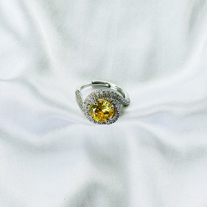 Yellow Topaz Cubic Zirconia Ice Cut American Diamond Silver Plated Adjustable Ring