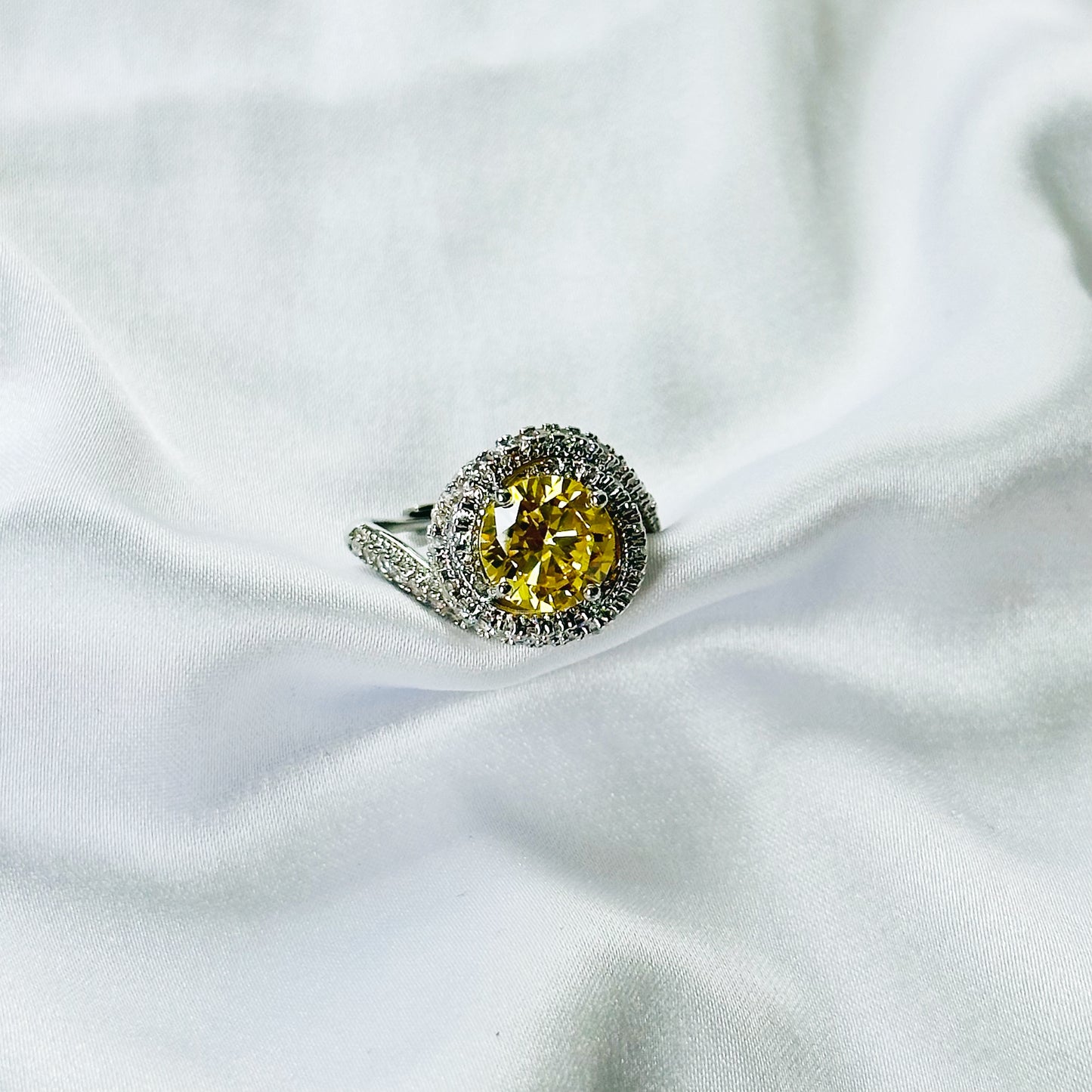 Yellow Topaz Cubic Zirconia Ice Cut American Diamond Silver Plated Adjustable Ring