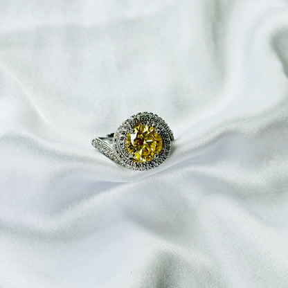 Yellow Topaz Cubic Zirconia Ice Cut American Diamond Silver Plated Adjustable Ring
