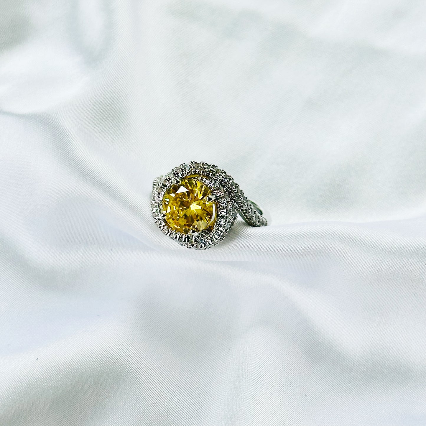 Yellow Topaz Cubic Zirconia Ice Cut American Diamond Silver Plated Adjustable Ring