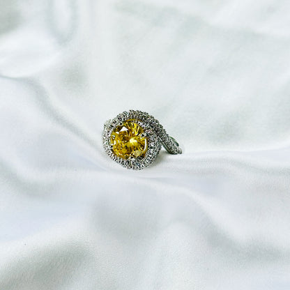 Yellow Topaz Cubic Zirconia Ice Cut American Diamond Silver Plated Adjustable Ring