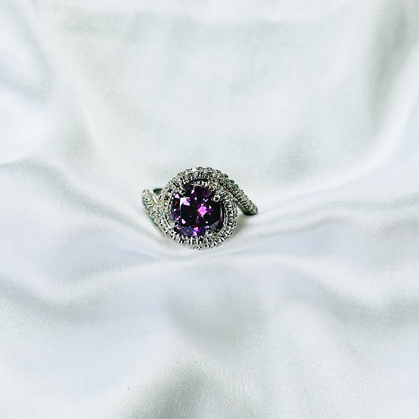 Purple Amethyst Cubic Zirconia Ice Cut American Diamond Silver Plated Adjustable Ring