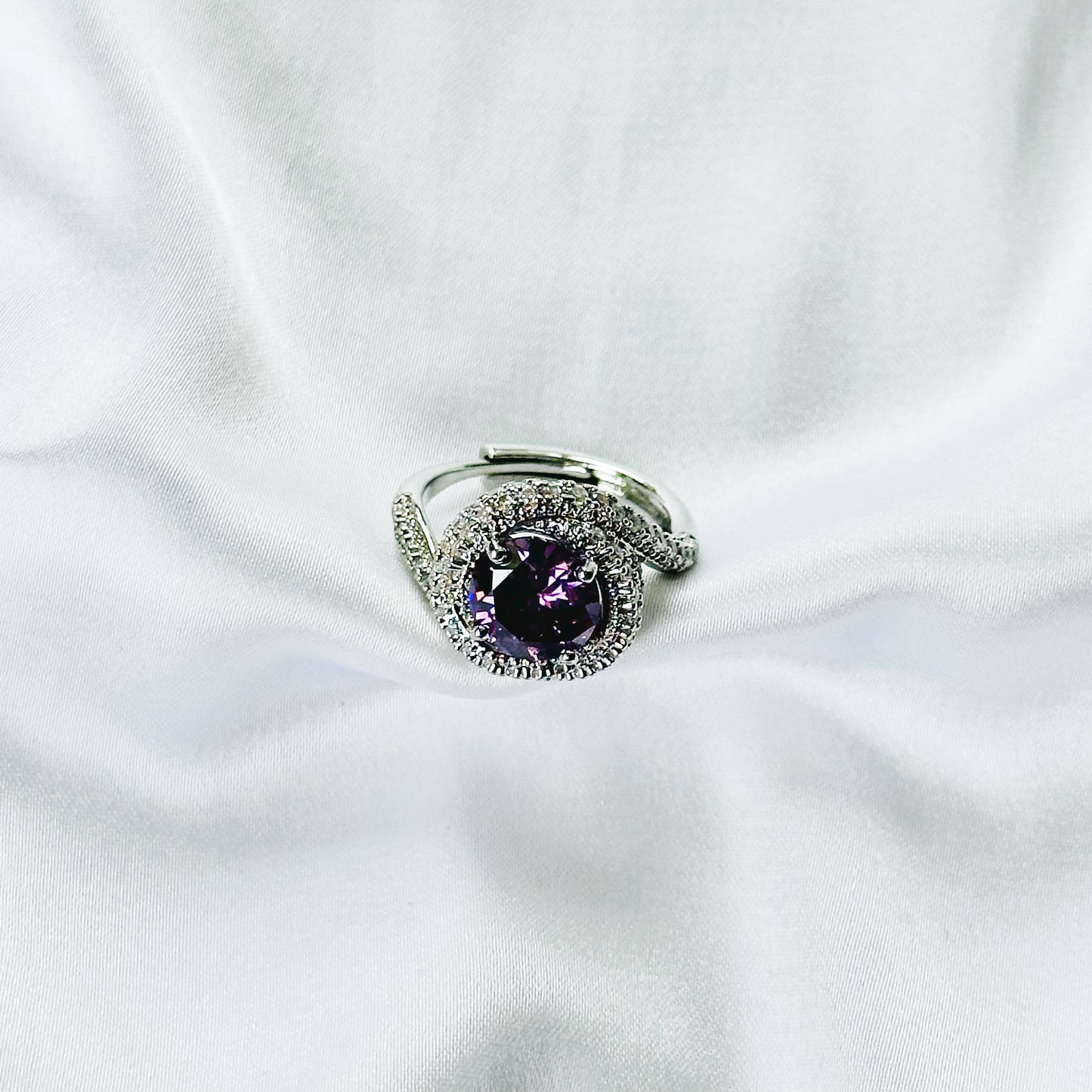 Purple Amethyst Cubic Zirconia Ice Cut American Diamond Silver Plated Adjustable Ring