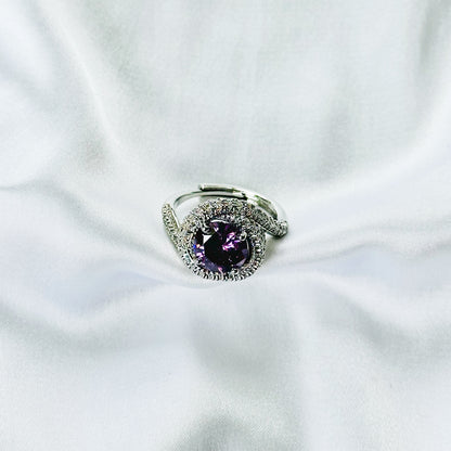 Purple Amethyst Cubic Zirconia Ice Cut American Diamond Silver Plated Adjustable Ring