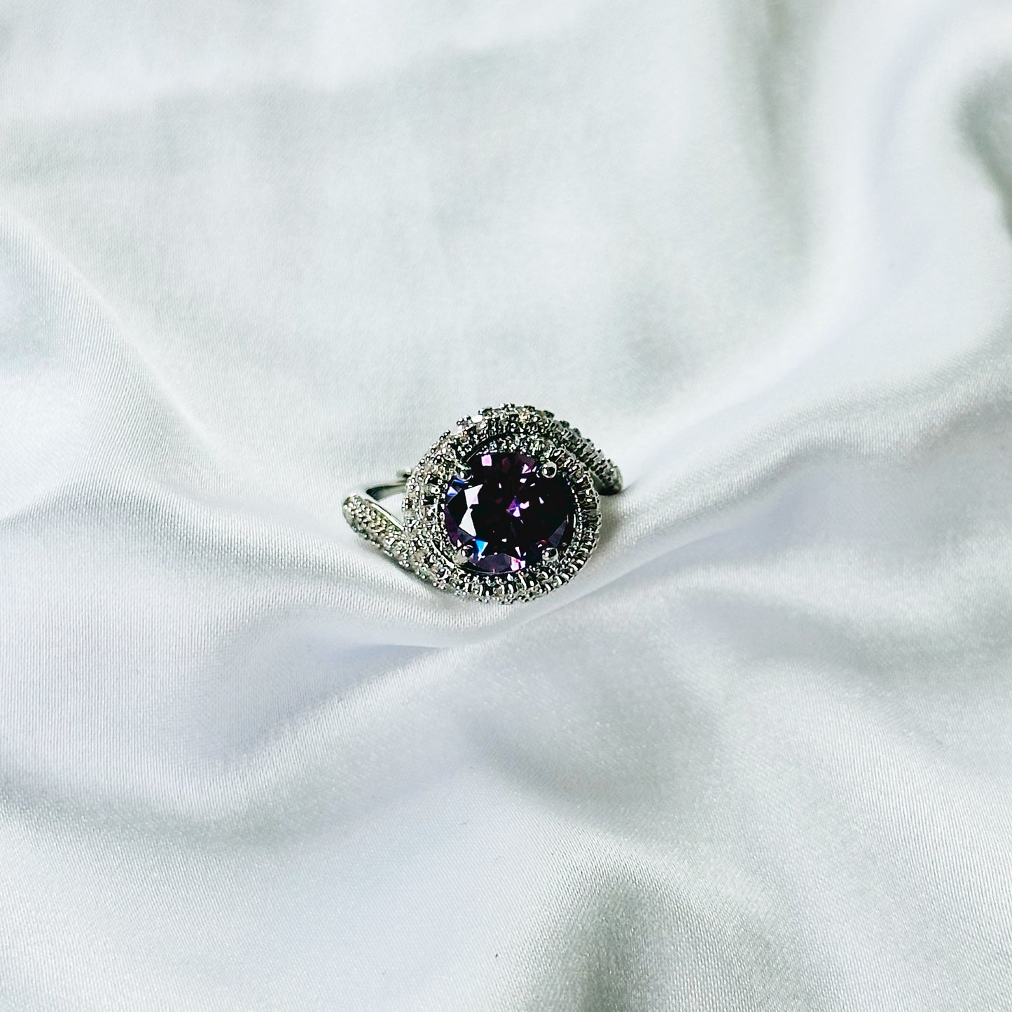 Purple Amethyst Cubic Zirconia Ice Cut American Diamond Silver Plated Adjustable Ring