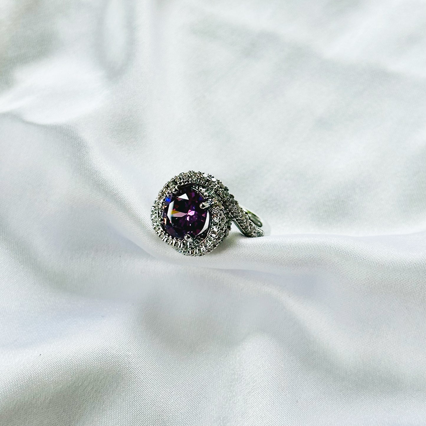 Purple Amethyst Cubic Zirconia Ice Cut American Diamond Silver Plated Adjustable Ring