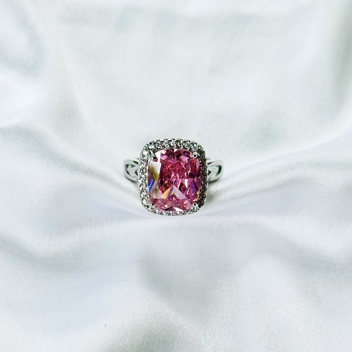 Pink Topaz Cubic Zirconia Ice Cut American Diamond Silver Plated Adjustable Ring