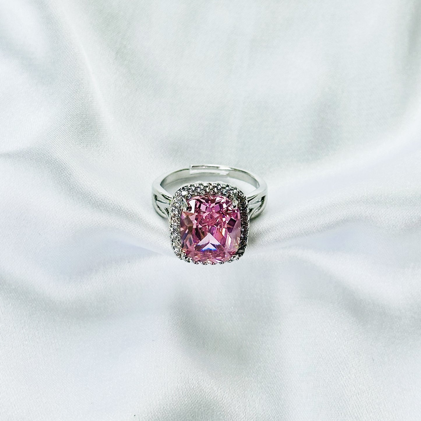 Pink Topaz Cubic Zirconia Ice Cut American Diamond Silver Plated Adjustable Ring
