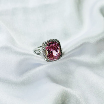 Pink Topaz Cubic Zirconia Ice Cut American Diamond Silver Plated Adjustable Ring