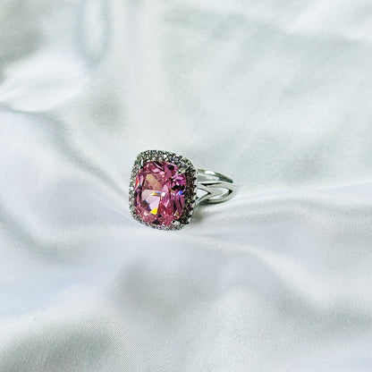 Pink Topaz Cubic Zirconia Ice Cut American Diamond Silver Plated Adjustable Ring