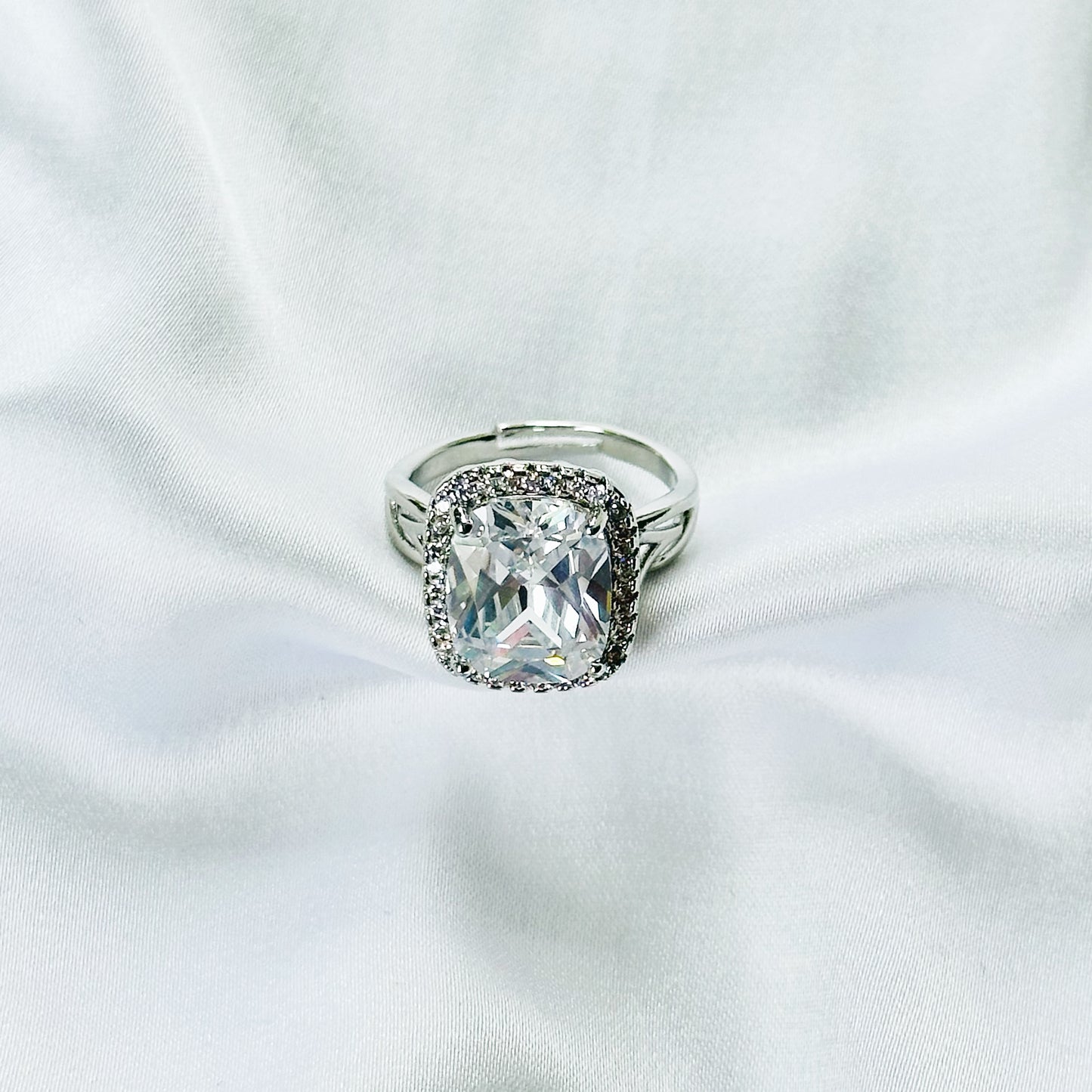 White Cubic Zirconia Ice Cut American Diamond Silver Plated Adjustable Ring