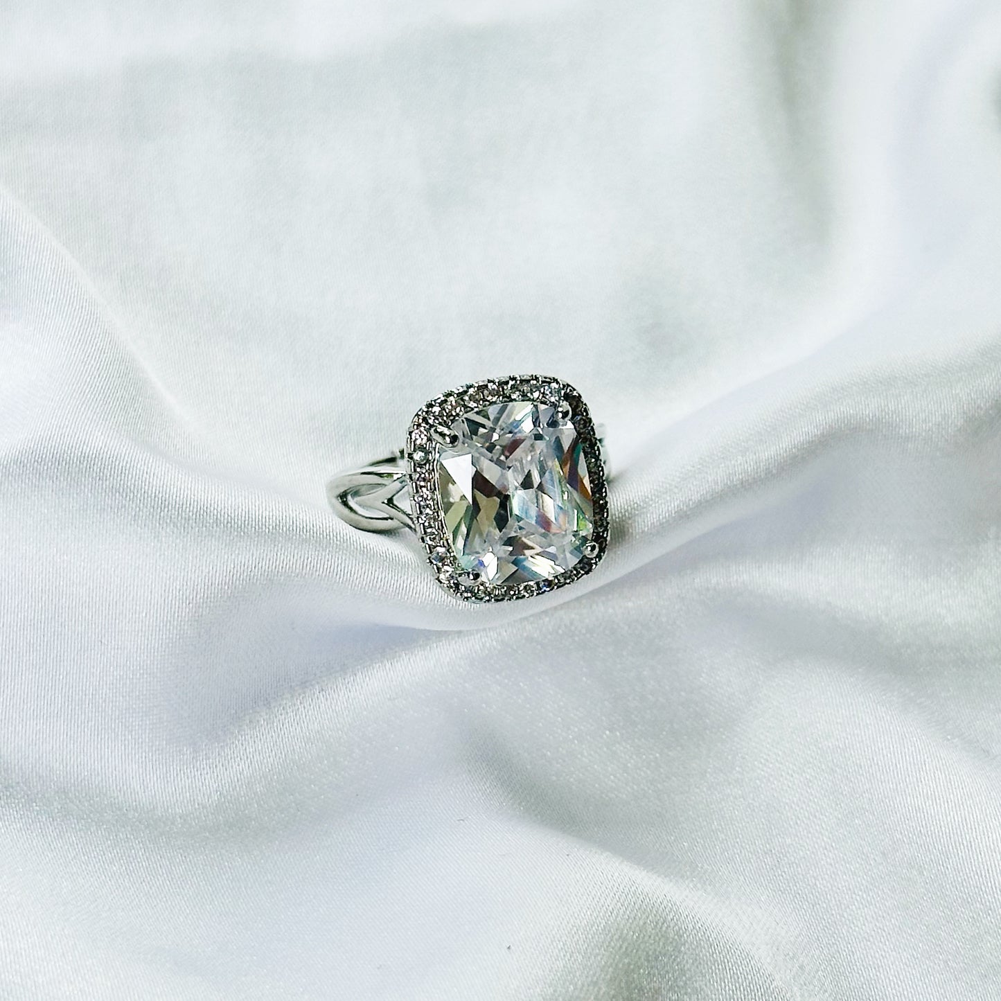 White Cubic Zirconia Ice Cut American Diamond Silver Plated Adjustable Ring