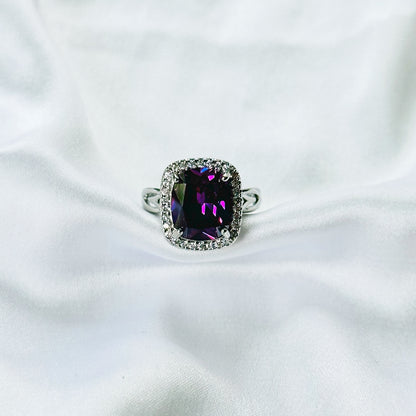 Purple Amethyst Cubic Zirconia Ice Cut American Diamond Silver Plated Adjustable Ring
