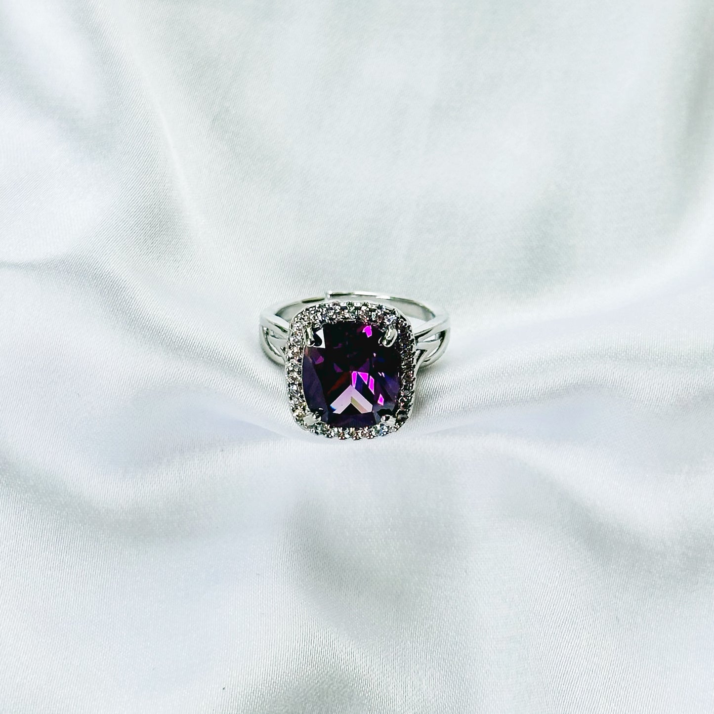 Purple Amethyst Cubic Zirconia Ice Cut American Diamond Silver Plated Adjustable Ring