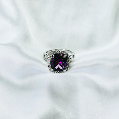 Purple Amethyst Cubic Zirconia Ice Cut American Diamond Silver Plated Adjustable Ring